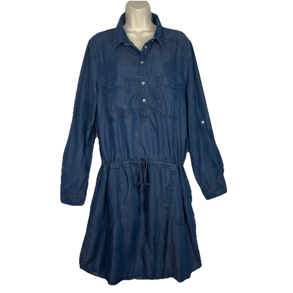 Andrea Jovine XL 100% Tencel Chambray Shirt Dress Blue Drawstring Waist Pockets
